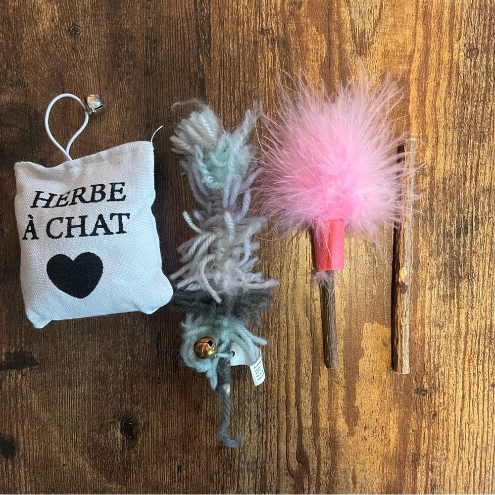 Cat silver sticks with feather and bell with catnip pouch & bell toy 4 pack
